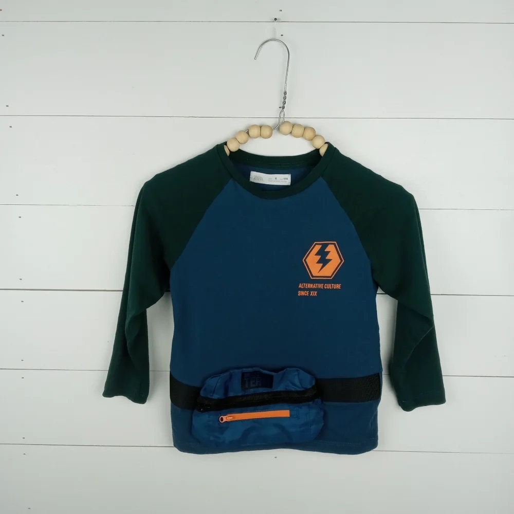Zara boys size 6 teal and hunter green fannie pack shirt long sleeve